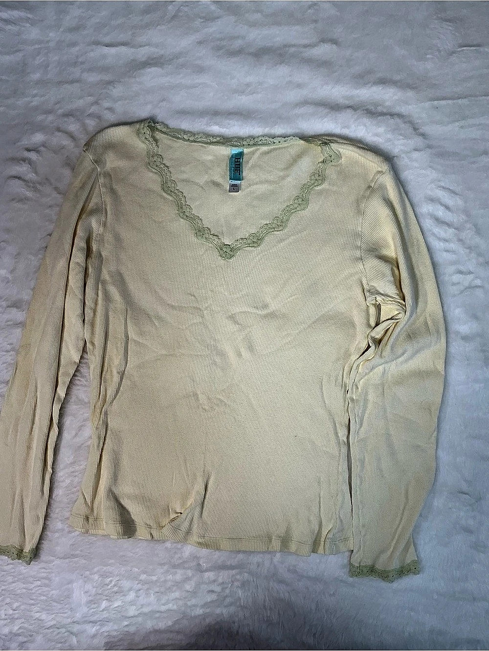 HUE Long Sleeve Lace Trim Top Cream Large